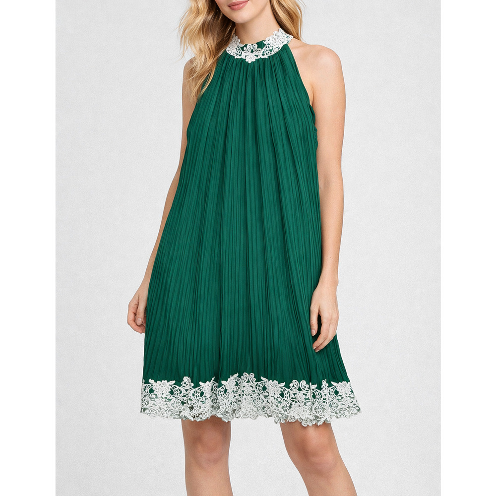 Tadashi Shoji Audrey Chiffon Dress Womens 0‎ Green Pleated Lace Halter Cocktail